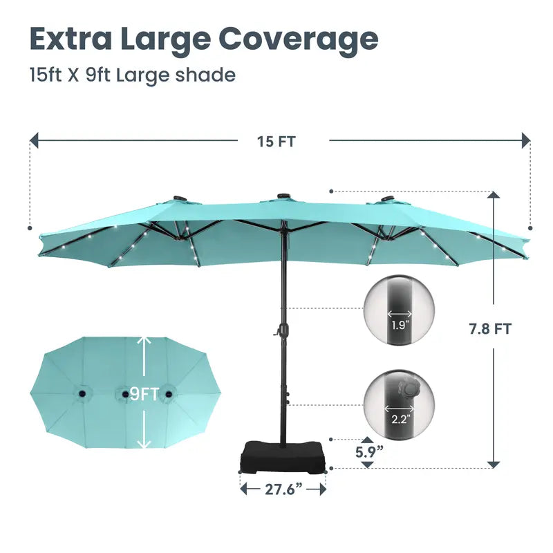 SolarSpan — 15ft Double-Sided Patio Umbrella with Solar LED Lights & Weighted Base Included