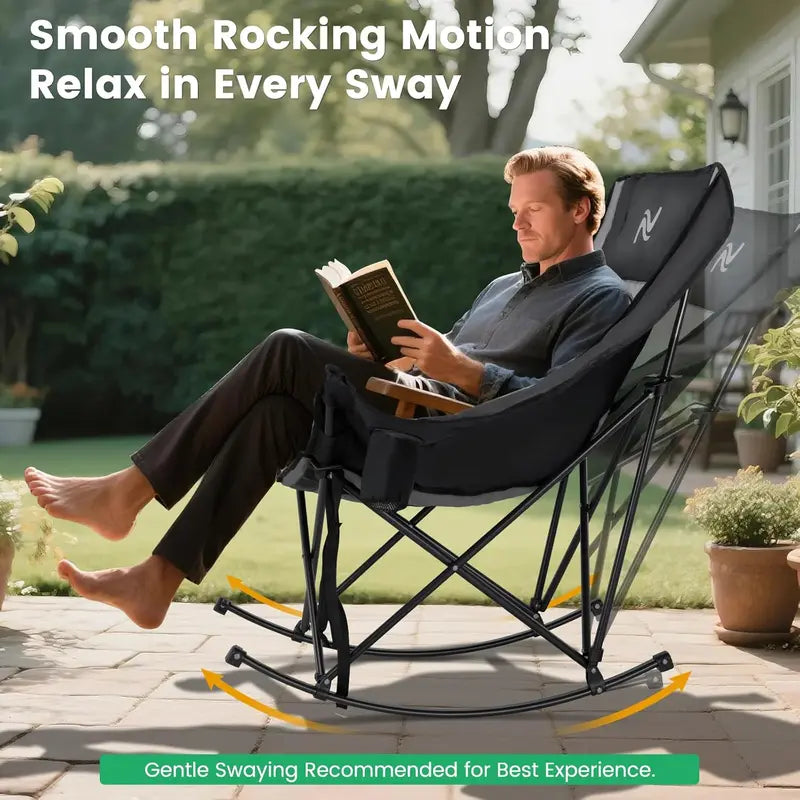 NestRock — XXL Padded Folding Rocking Chair with Insulated Cooler Pocket & Cup Holder (Holds 400lbs)