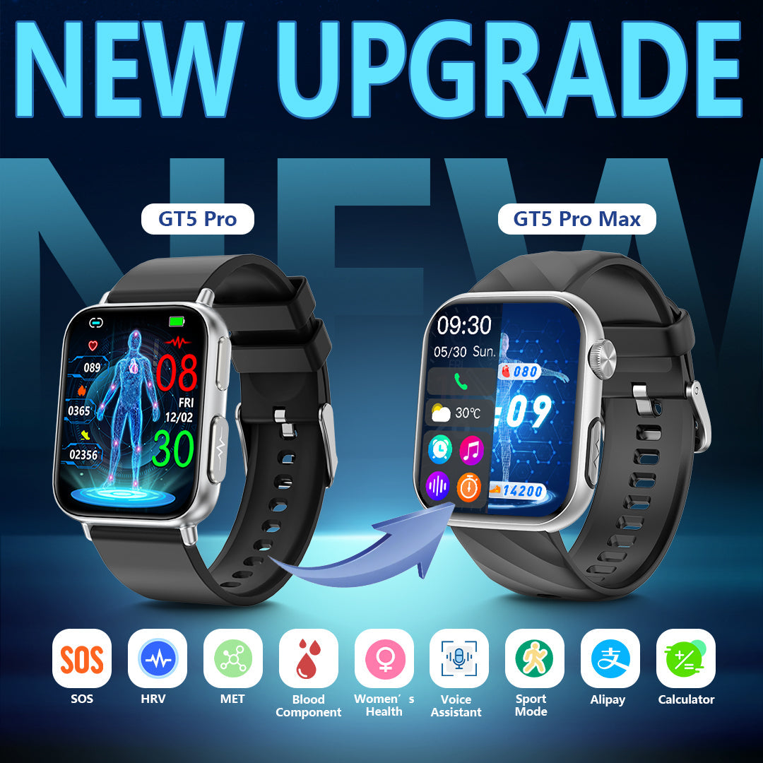 Best Upgrade FITVII® GT5 Pro Max Blood Pressure Monitoring Watch With Blood Glucose ECG Heart Rate+Calls Health Fitness Tracker 2025