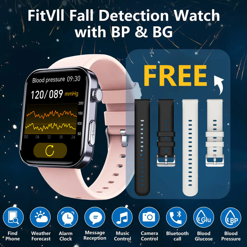 FitVII®  PulseMax Fall Detection Watch With Blood Glucose+Blood Presssure Monitoring+Calls -🎁Free Straps
