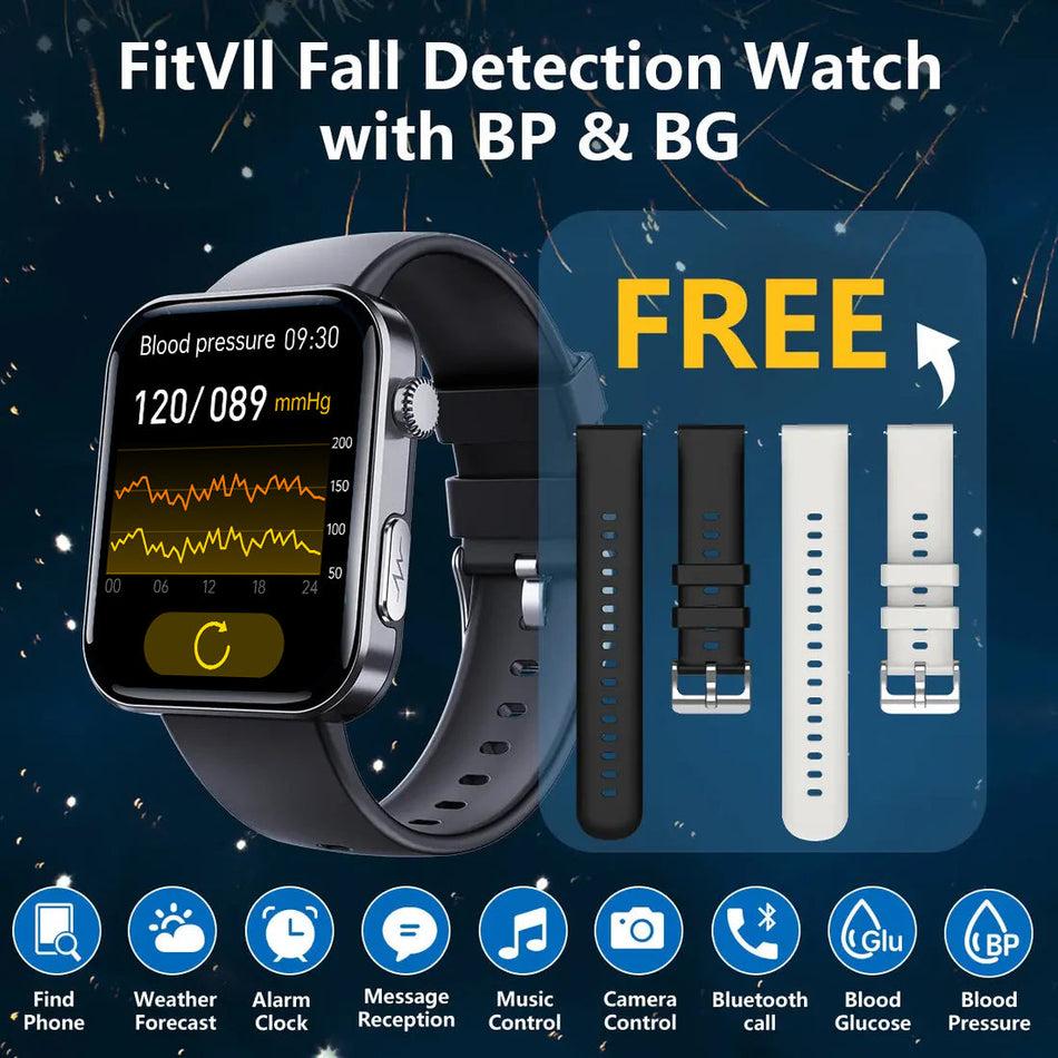 FitVII®  PulseMax Fall Detection Watch With Blood Glucose+Blood Presssure Monitoring+Calls -🎁Free Straps
