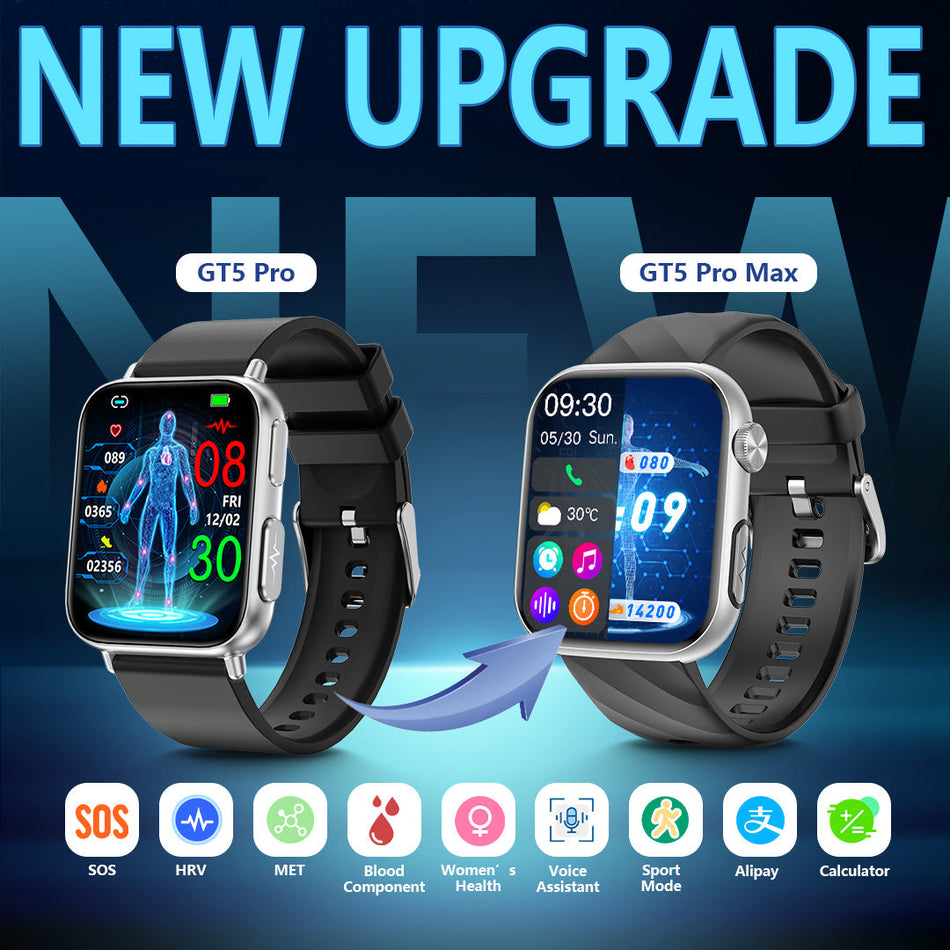 FitVII® GT5 Pro Max All-in-one Health Watch With Blood Pressure + EKG + Heart Rate + Temperature + Stress + Exercise + Blood Oxygen + Sleep + Uric Acid + Blood Fat Monitoring 2026-9 Colors with Gift Straps