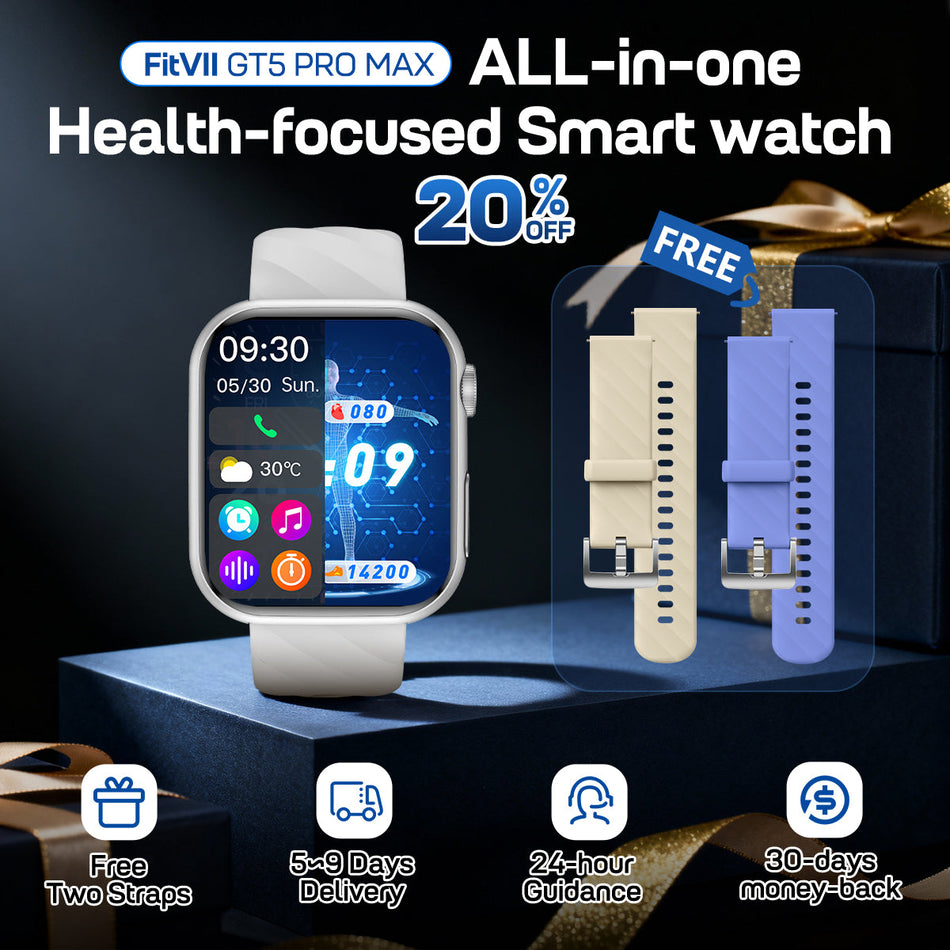 FitVII® GT5 Pro Max All-in-one Health Watch With Blood Pressure + EKG + Heart Rate + Temperature + Stress + Exercise + Blood Oxygen + Sleep + Uric Acid + Blood Fat Monitoring 2026-9 Colors with Gift Straps