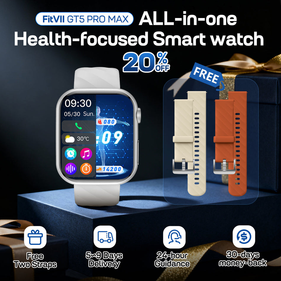 FitVII® GT5 Pro Max All-in-one Health Watch With Blood Pressure + EKG + Heart Rate + Temperature + Stress + Exercise + Blood Oxygen + Sleep + Uric Acid + Blood Fat Monitoring 2026-9 Colors with Gift Straps