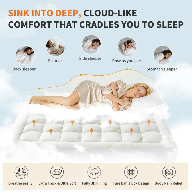 CloudNest — Cooling Bamboo Fiber Mattress Topper with Ergonomic Body Support