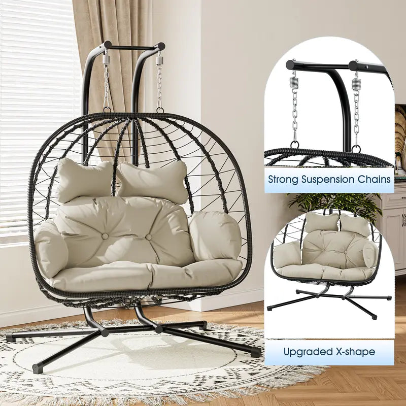 SwingNest — Double Hanging Egg Chair with 700lb Capacity & Thick Cushion (Folds Flat)