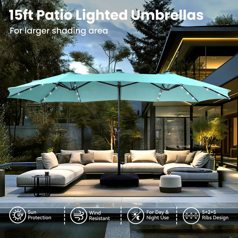 SolarSpan — 15ft Double-Sided Patio Umbrella with Solar LED Lights & Weighted Base Included