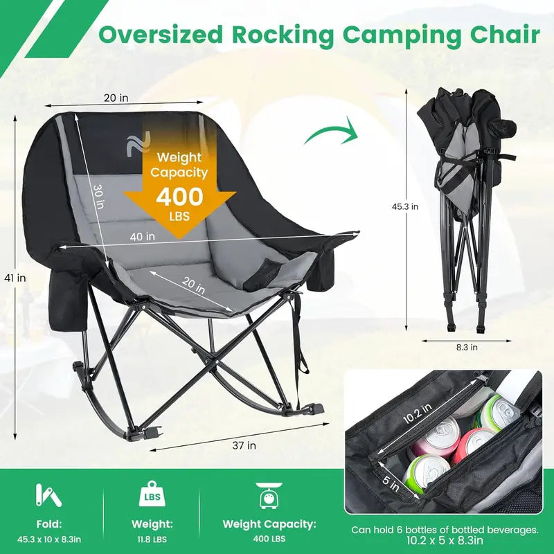 NestRock — XXL Padded Folding Rocking Chair with Insulated Cooler Pocket & Cup Holder (Holds 400lbs)