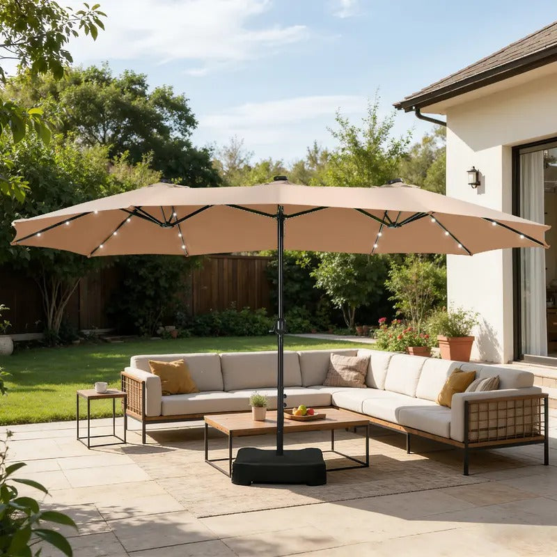 SolarSpan — 15ft Double-Sided Patio Umbrella with Solar LED Lights & Weighted Base Included