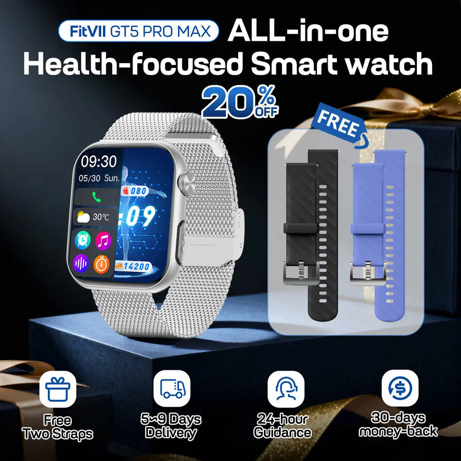 FitVII® GT5 Pro Max All-in-one Health Watch With Blood Pressure + EKG + Heart Rate + Temperature + Stress + Exercise + Blood Oxygen + Sleep + Uric Acid + Blood Fat Monitoring 2026-9 Colors with Gift Straps