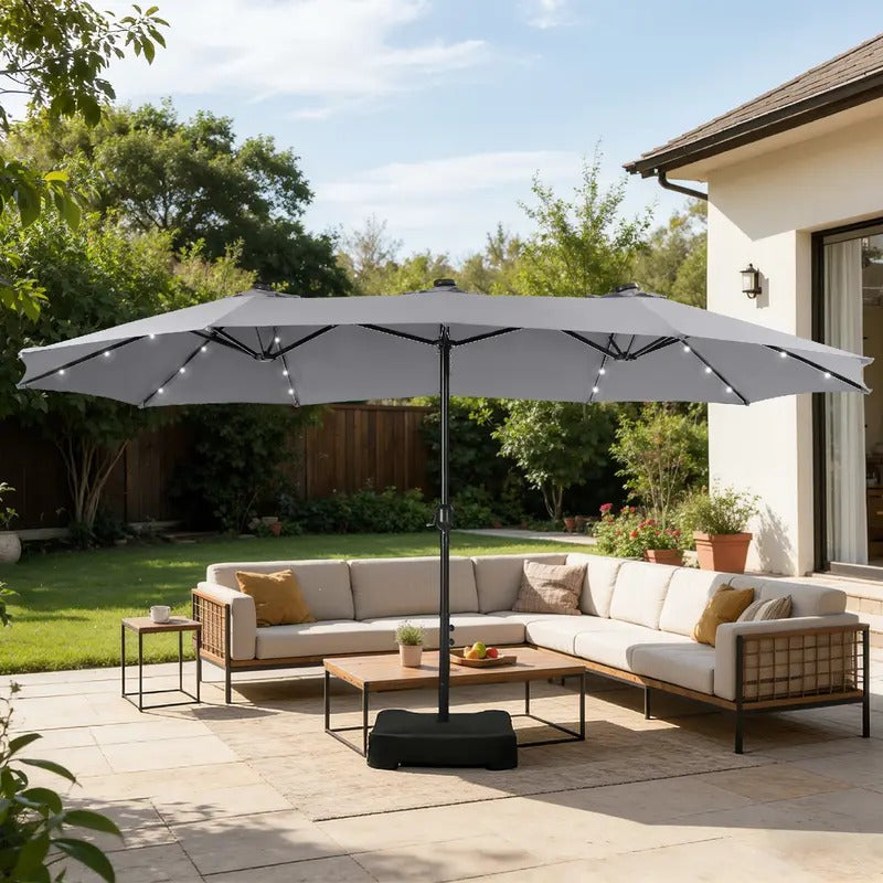SolarSpan — 15ft Double-Sided Patio Umbrella with Solar LED Lights & Weighted Base Included