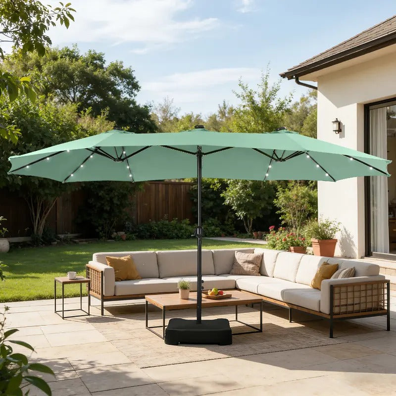 SolarSpan — 15ft Double-Sided Patio Umbrella with Solar LED Lights & Weighted Base Included