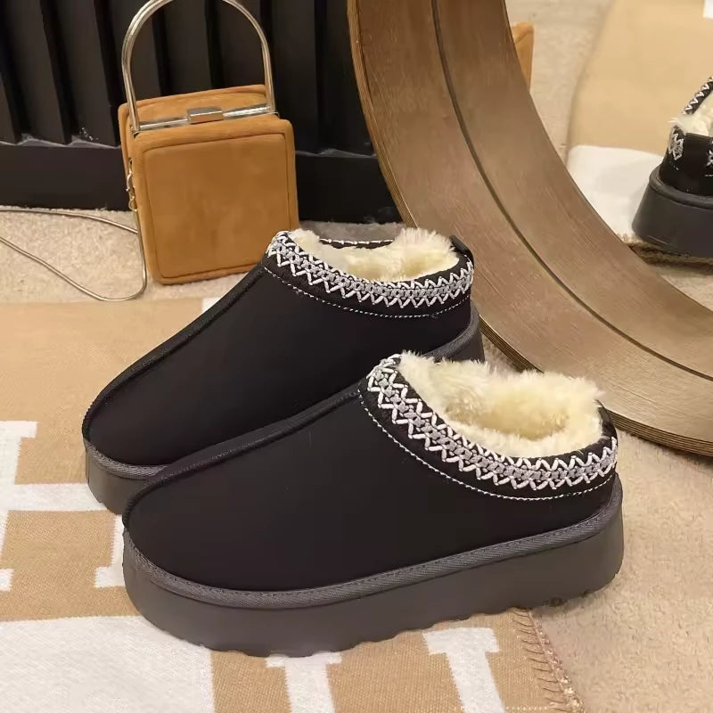 Women’s Black Platform Winter Slippers – Plush-Lined Thick-Sole Slip-On Shoes