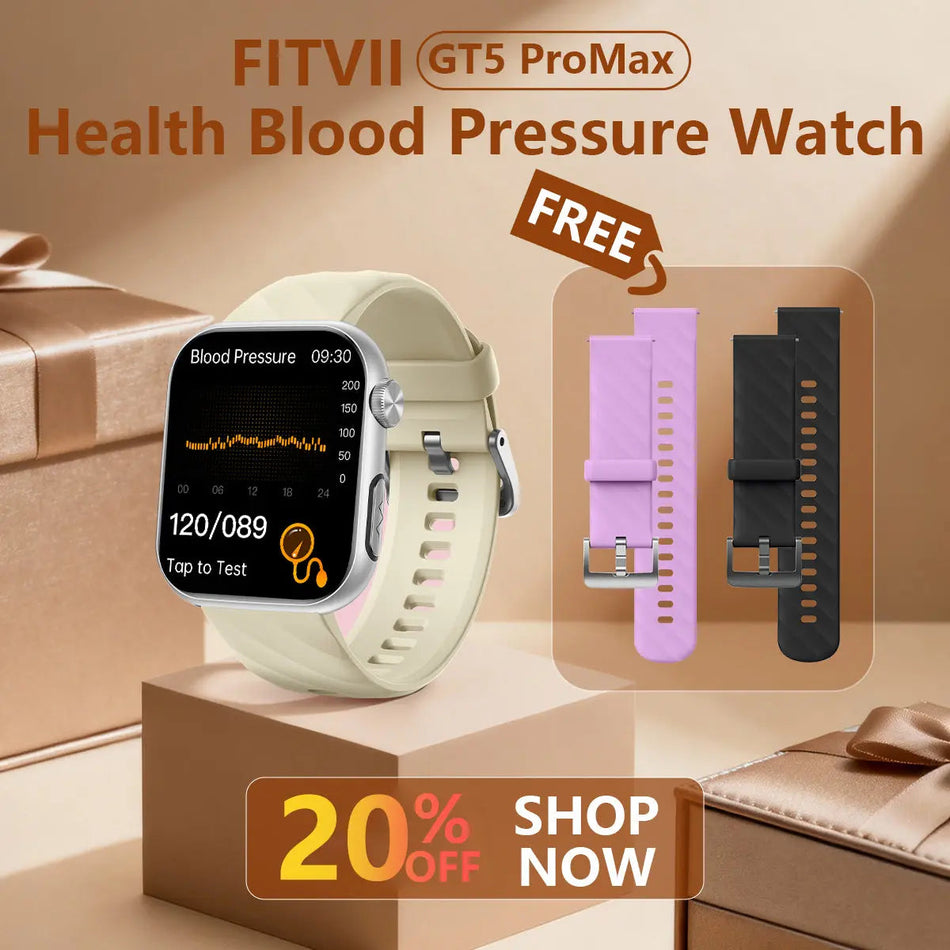 FitVII® GT5 Pro Max All-in-one Health Watch With Blood Pressure + EKG + Heart Rate + Temperature + Stress + Exercise + Blood Oxygen + Sleep + Uric Acid + Blood Fat Monitoring 2026-9 Colors with Gift Straps