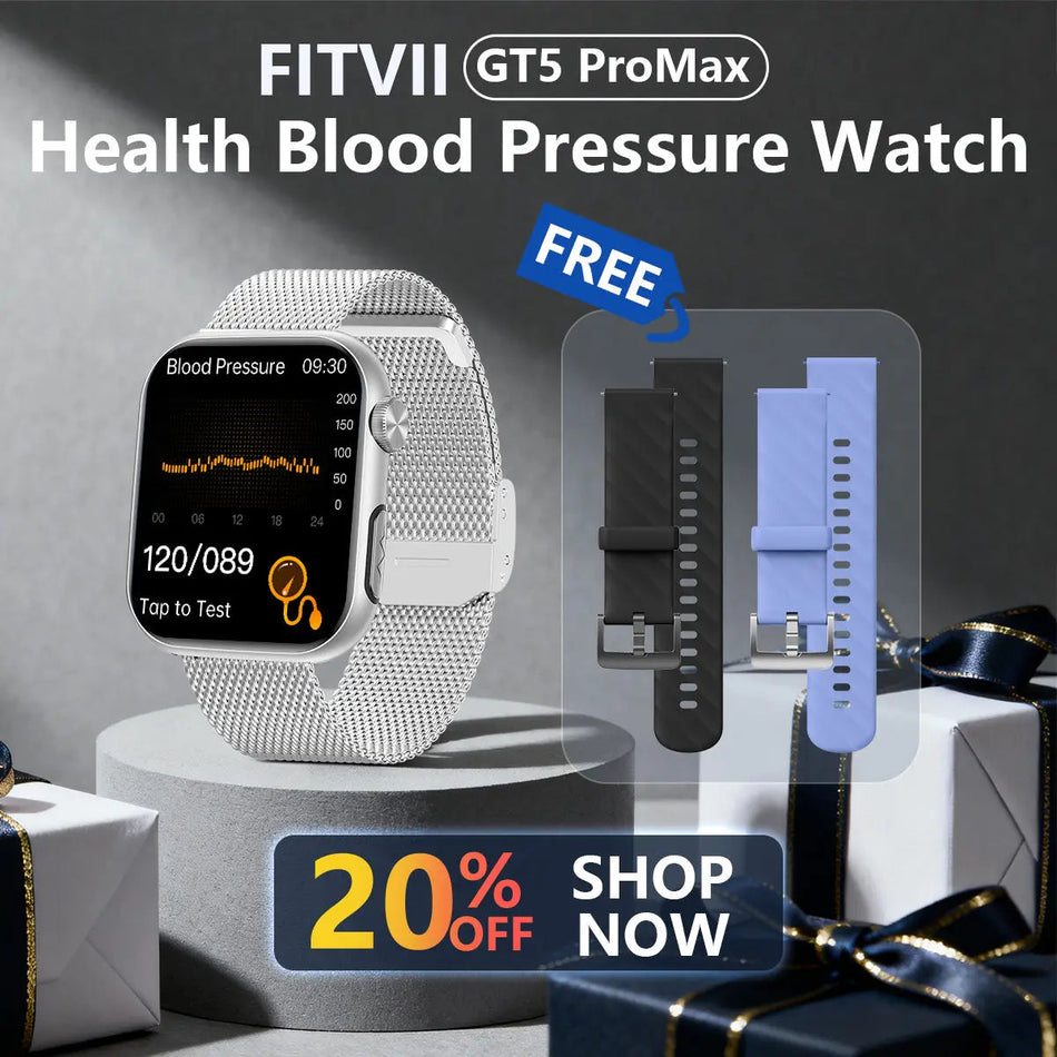 FitVII® GT5 Pro Max All-in-one Health Watch With Blood Pressure + EKG + Heart Rate + Temperature + Stress + Exercise + Blood Oxygen + Sleep + Uric Acid + Blood Fat Monitoring 2026-9 Colors with Gift Straps