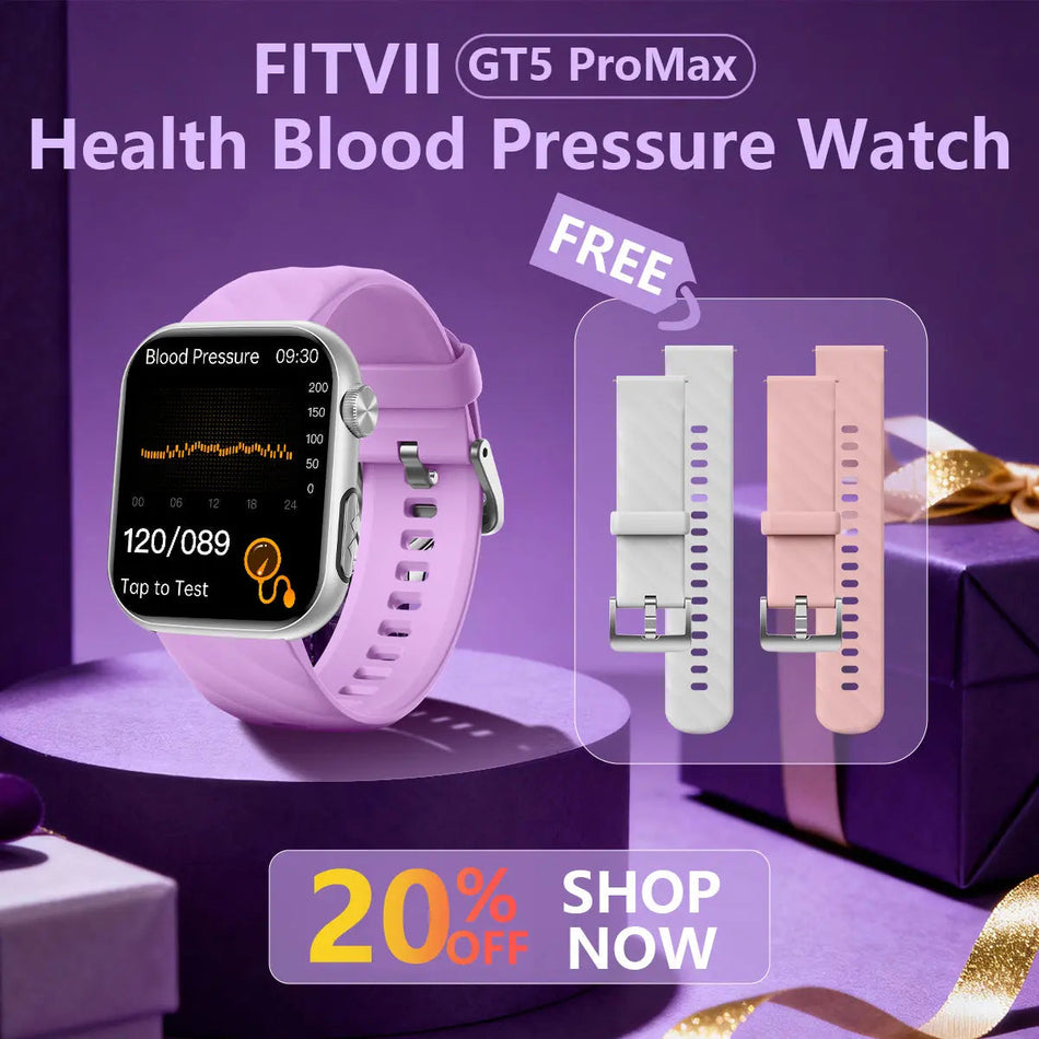 FitVII® GT5 Pro Max All-in-one Health Watch With Blood Pressure + EKG + Heart Rate + Temperature + Stress + Exercise + Blood Oxygen + Sleep + Uric Acid + Blood Fat Monitoring 2026-9 Colors with Gift Straps