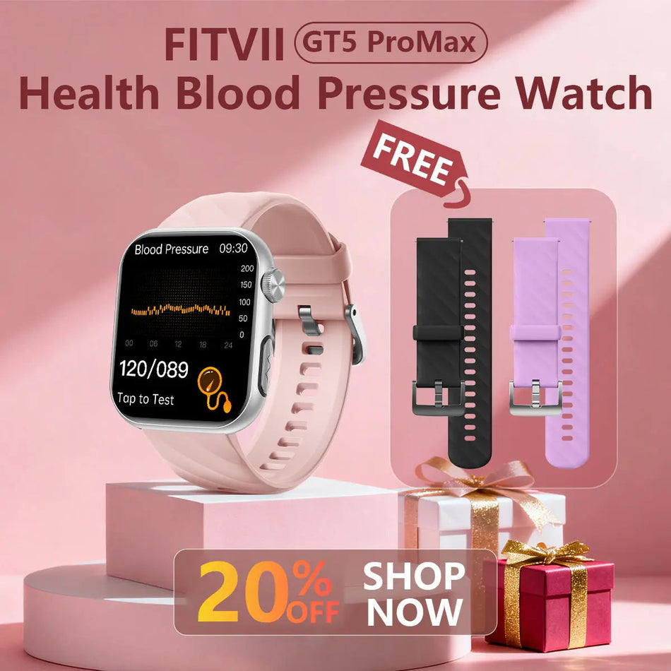FitVII® GT5 Pro Max All-in-one Health Watch With Blood Pressure + EKG + Heart Rate + Temperature + Stress + Exercise + Blood Oxygen + Sleep + Uric Acid + Blood Fat Monitoring 2026-9 Colors with Gift Straps