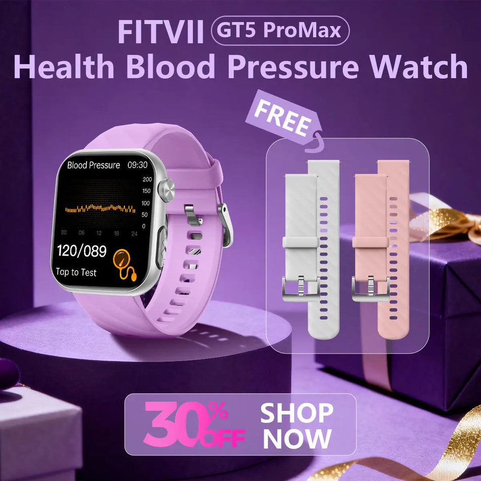 FitVII® GT5 Pro Max All-in-one Health Watch With Blood Pressure + EKG + Heart Rate + Temperature + Stress + Exercise + Blood Oxygen + Sleep + Uric Acid + Blood Fat Monitoring 2026-9 Colors with Gift Straps