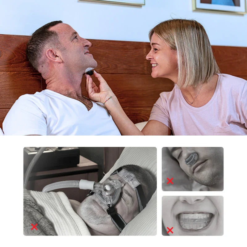 Couple sleeping peacefully together with SleepEase Pro anti-snoring device
