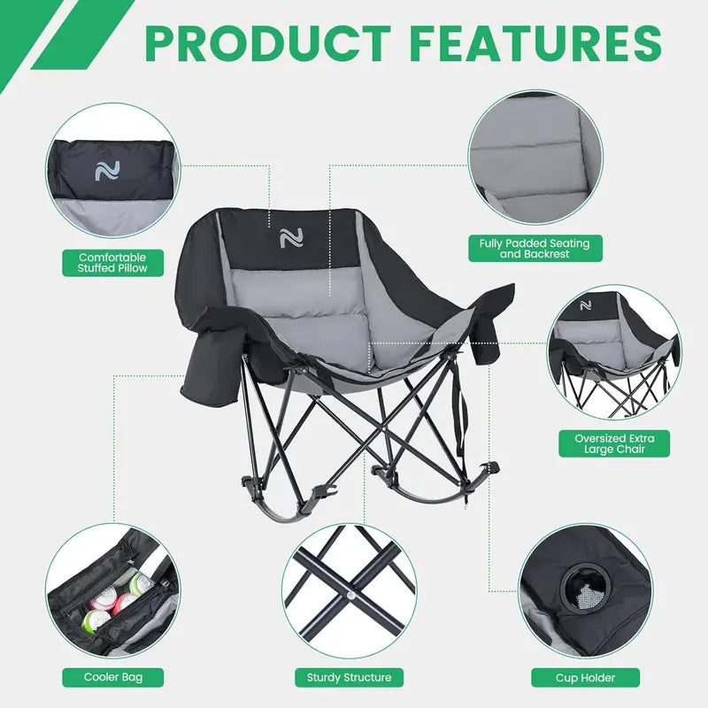 NestRock — XXL Padded Folding Rocking Chair with Insulated Cooler Pocket & Cup Holder (Holds 400lbs)
