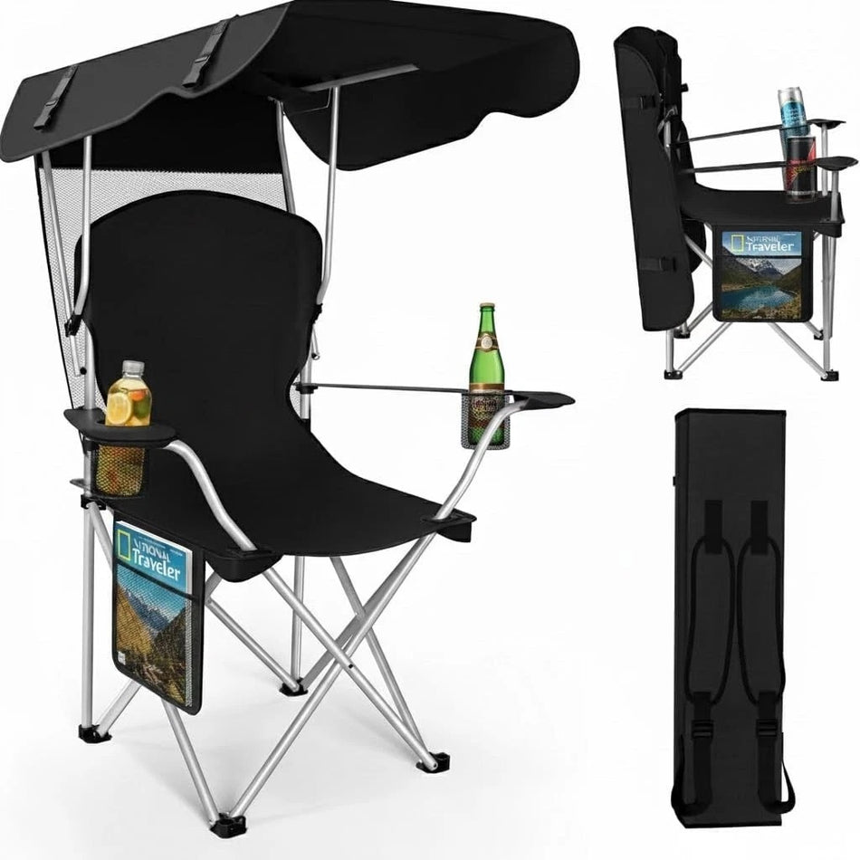 ShadeMate — Folding Outdoor Chair with Built-In Adjustable Sun Canopy & Dual Cup Holders