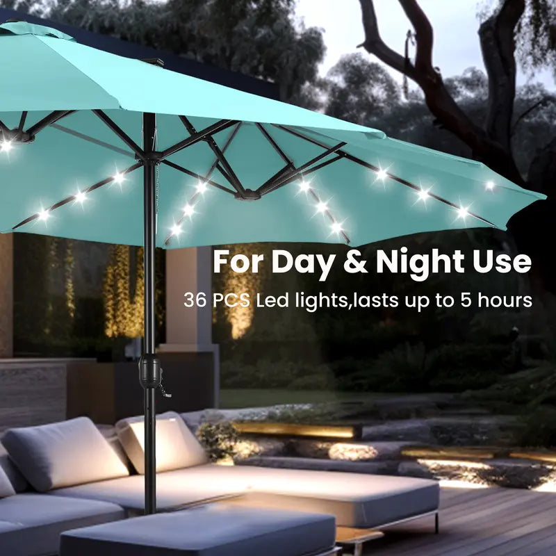 SolarSpan — 15ft Double-Sided Patio Umbrella with Solar LED Lights & Weighted Base Included