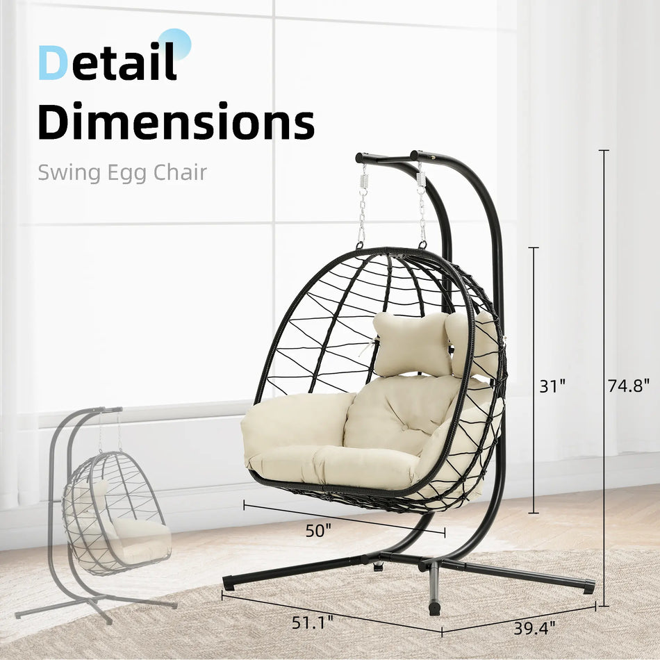 SwingNest — Double Hanging Egg Chair with 700lb Capacity & Thick Cushion (Folds Flat)