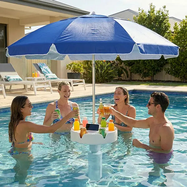 PoolBar — Floating Pool Umbrella with Built-In Bar, 6 Cup Holders & Phone Stand (Shade + Drinks in One)