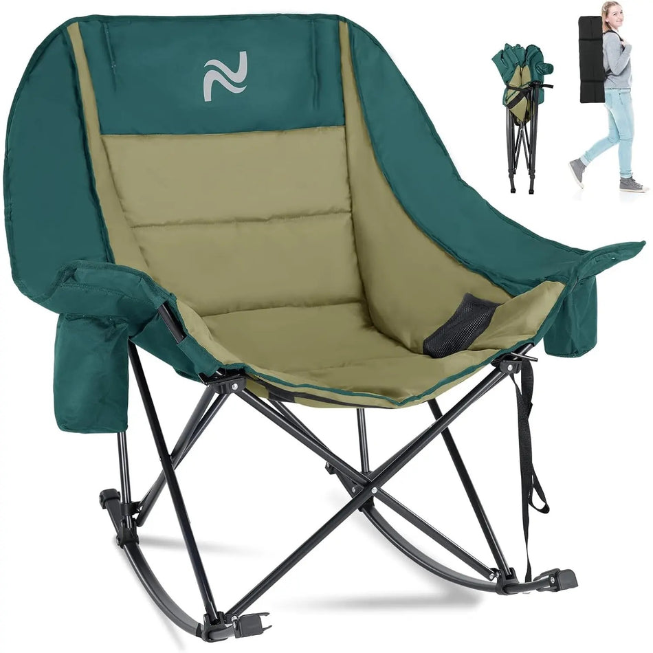 NestRock — XXL Padded Folding Rocking Chair with Insulated Cooler Pocket & Cup Holder (Holds 400lbs)
