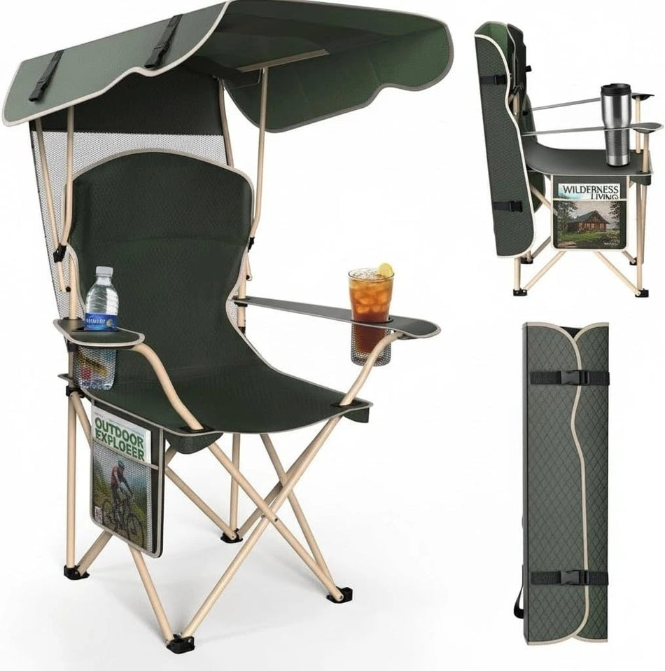 ShadeMate — Folding Outdoor Chair with Built-In Adjustable Sun Canopy & Dual Cup Holders