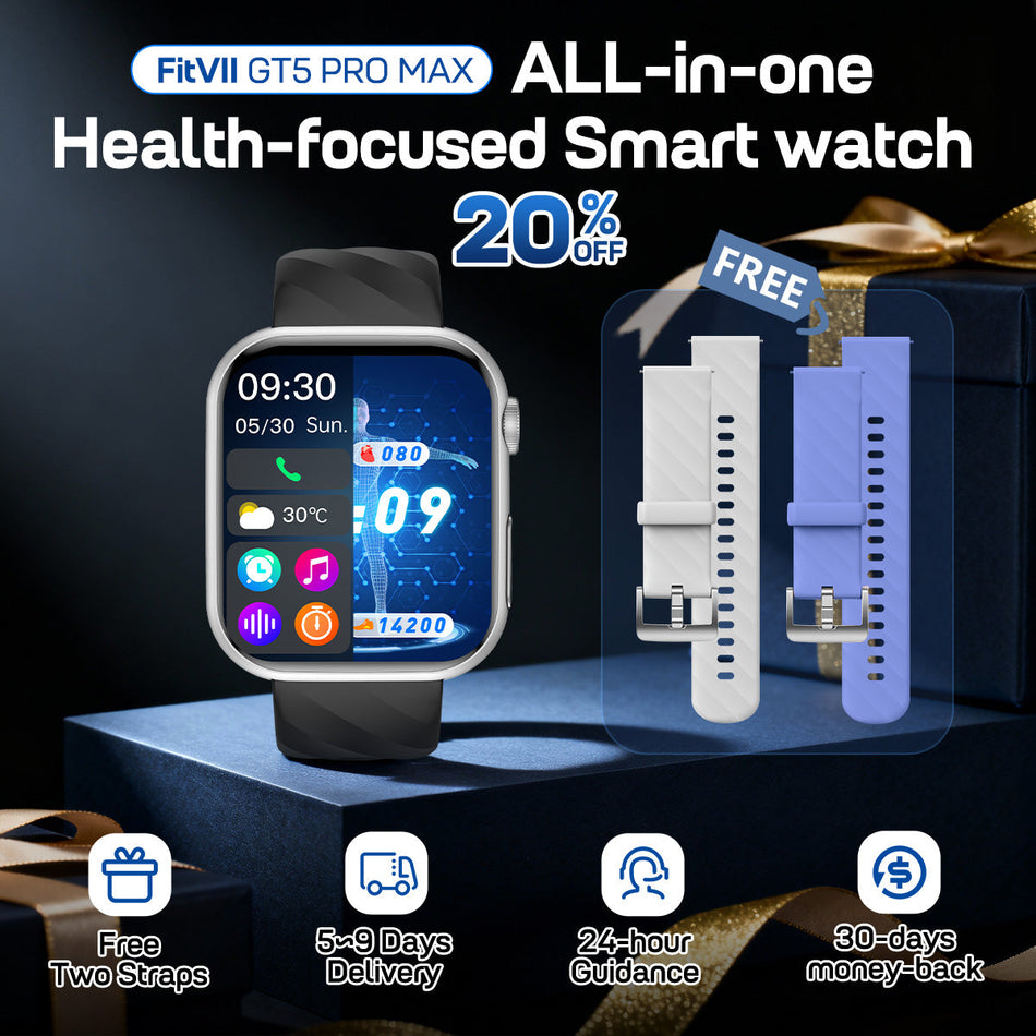 FitVII® GT5 Pro Max All-in-one Health Watch With Blood Pressure + EKG + Heart Rate + Temperature + Stress + Exercise + Blood Oxygen + Sleep + Uric Acid + Blood Fat Monitoring 2026-9 Colors with Gift Straps