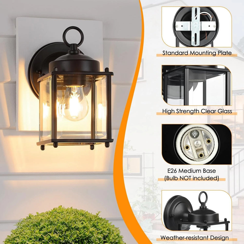 2-Pack Outdoor Wall Lanterns – Black Exterior Waterproof Wall Sconce Light Fixtures with Clear Beveled Glass